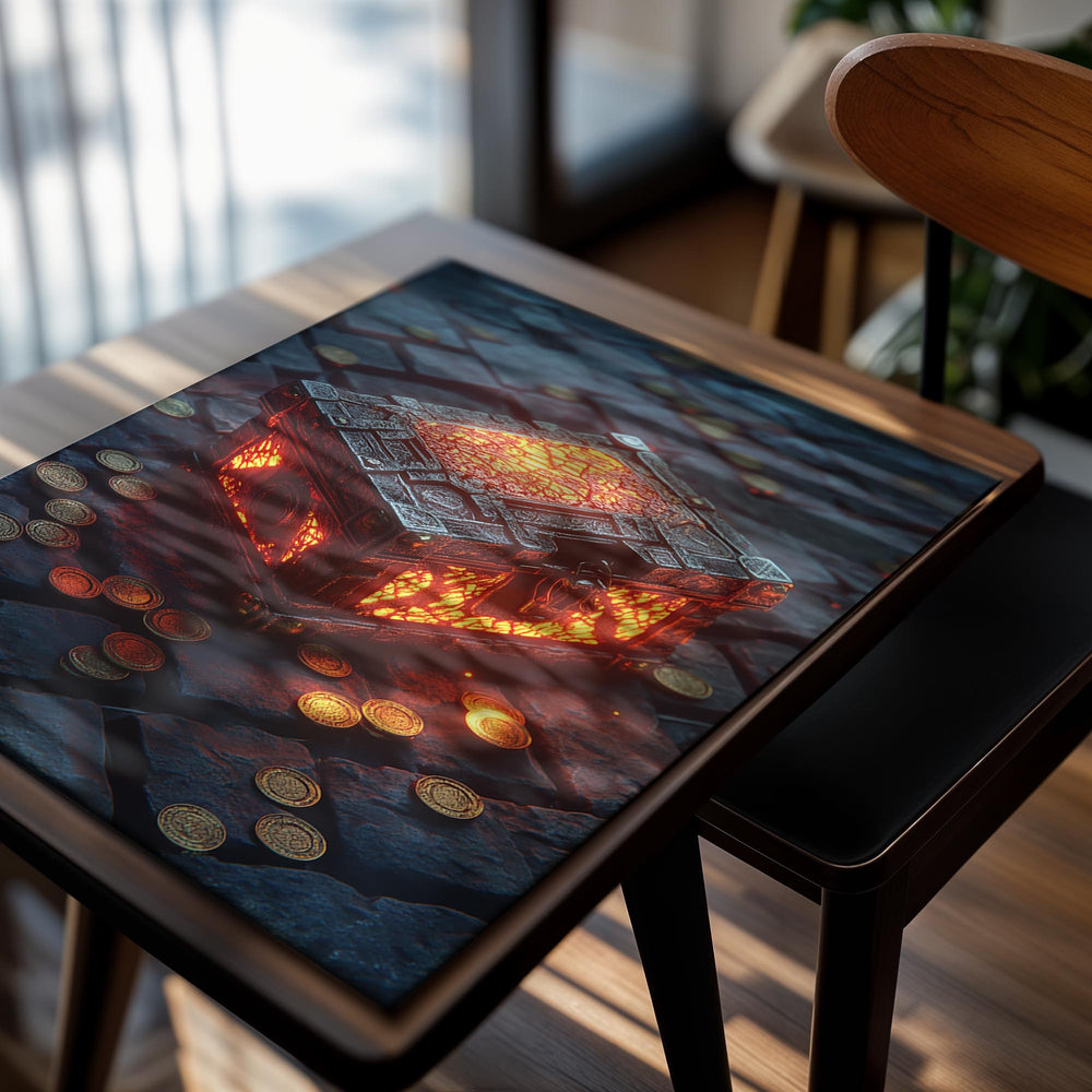 Decorative glass box with glowing interior on a dark surface with coins around, as a premium aluminum metal print from GoMetalPrint.
