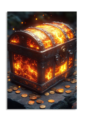 Flaming treasure chest with coins on a dark background, as a premium aluminum metal print from GoMetalPrint.
