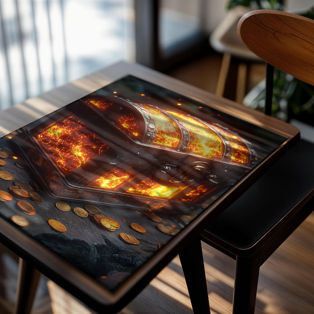 Flaming treasure chest with coins on a dark background, as a premium aluminum metal print from GoMetalPrint.
