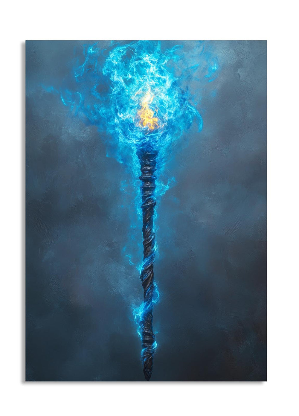 Blue flame-tipped staff against a dark background, as a premium aluminum metal print from GoMetalPrint.
