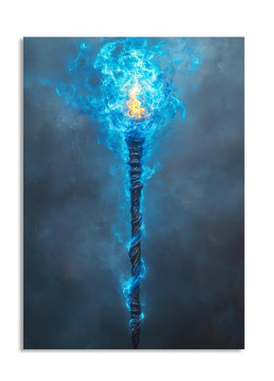 Blue flame-tipped staff against a dark background, as a premium aluminum metal print from GoMetalPrint.
