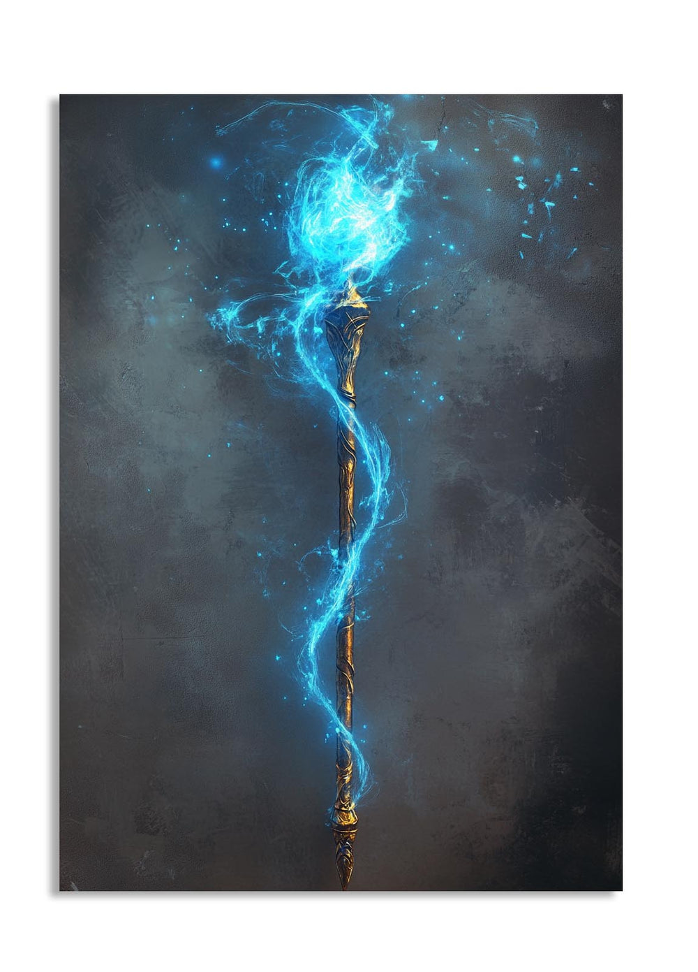 Artistic depiction of a blue energy or light effect flowing upwards on a dark background, as a premium aluminum metal print from GoMetalPrint.
