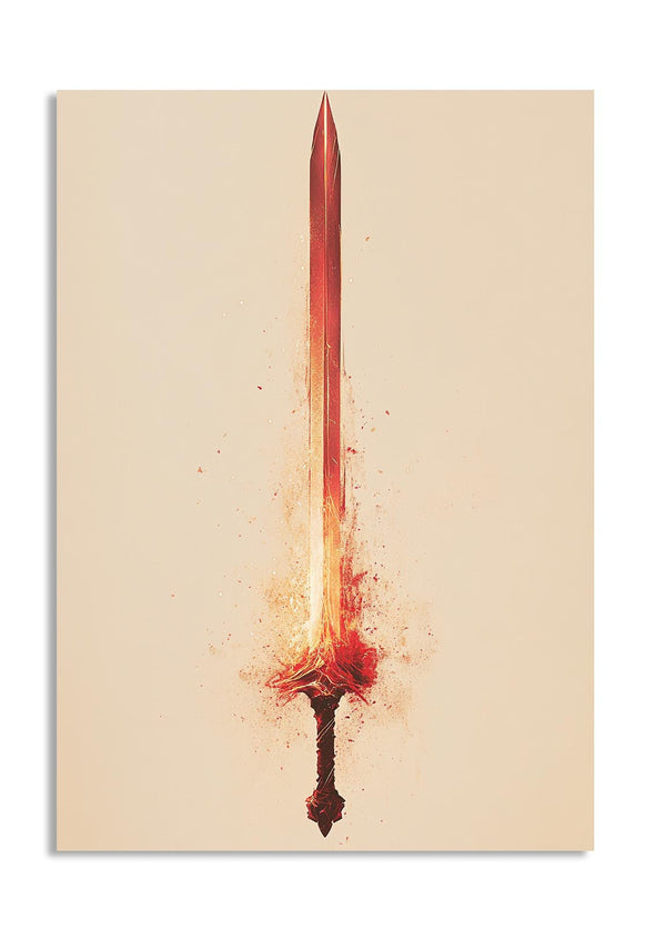 Sword with flames on a beige background, as a premium aluminum metal print from GoMetalPrint.
