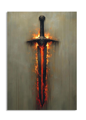 Sword with flames on a wooden background, as a premium aluminum metal print from GoMetalPrint.
