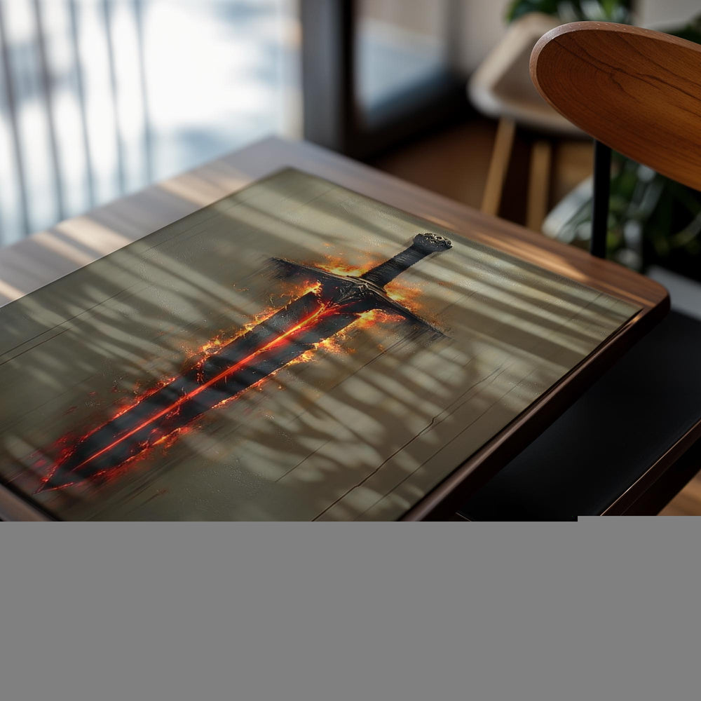 Sword with flames on a wooden background, as a premium aluminum metal print from GoMetalPrint.
