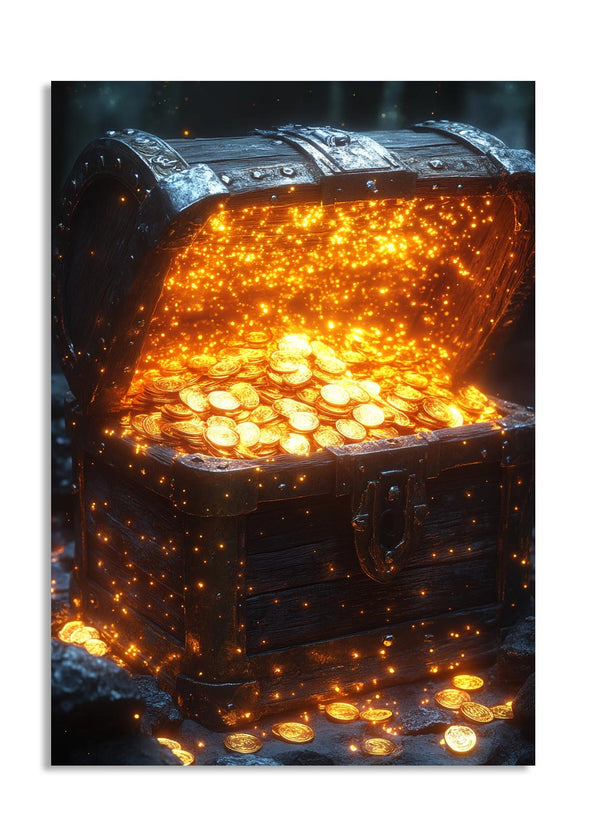Treasure chest filled with gold coins on a dark background, as a premium aluminum metal print from GoMetalPrint.
