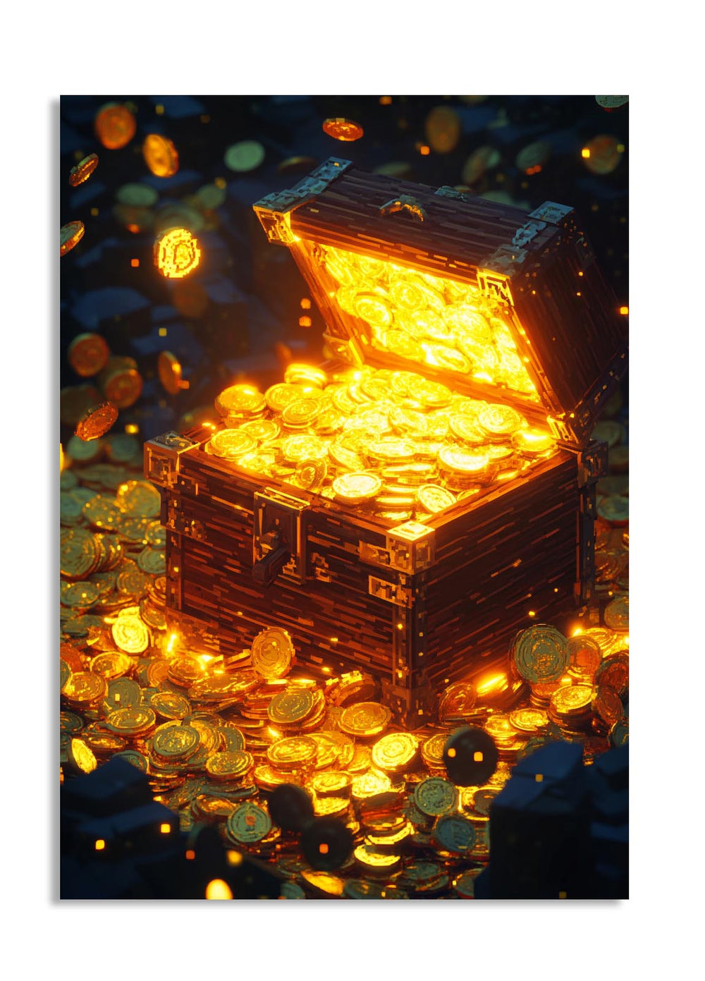 Open treasure chest filled with gold coins on a dark background, as a premium aluminum metal print from GoMetalPrint.

