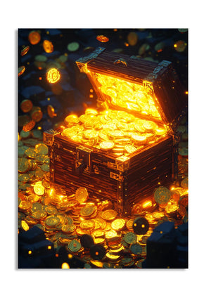 Open treasure chest filled with gold coins on a dark background, as a premium aluminum metal print from GoMetalPrint.

