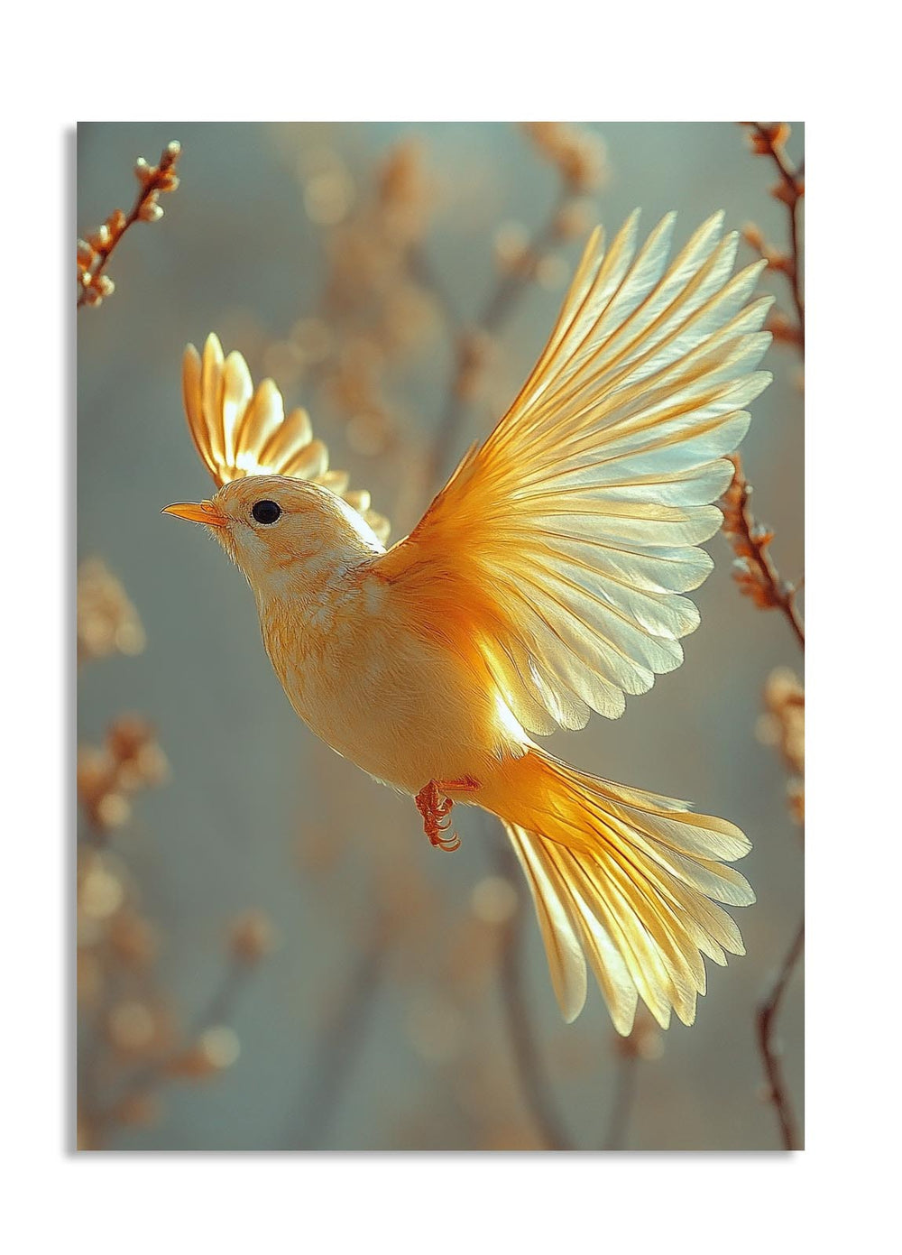 Yellow bird with outstretched wings against a blurred natural background, as a premium aluminum metal print from GoMetalPrint.
