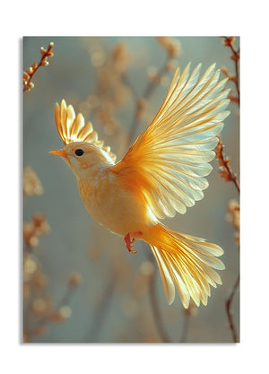 Yellow bird with outstretched wings against a blurred natural background, as a premium aluminum metal print from GoMetalPrint.
