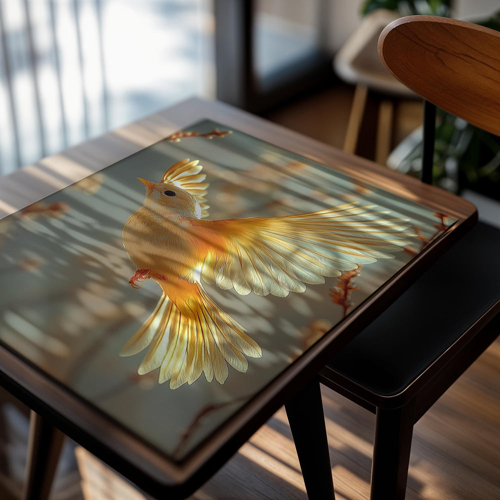 Yellow bird with outstretched wings against a blurred natural background, as a premium aluminum metal print from GoMetalPrint.
