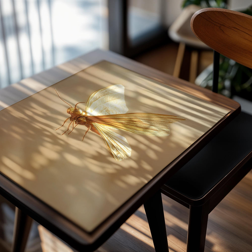 Gold moth-shaped light fixture on a beige background, as a premium aluminum metal print from GoMetalPrint.
