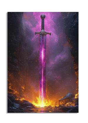 Sword with a glowing purple blade in a fiery and mystical setting, as a premium aluminum metal print from GoMetalPrint.
