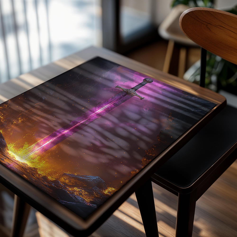 Sword with a glowing purple blade in a fiery and mystical setting, as a premium aluminum metal print from GoMetalPrint.
