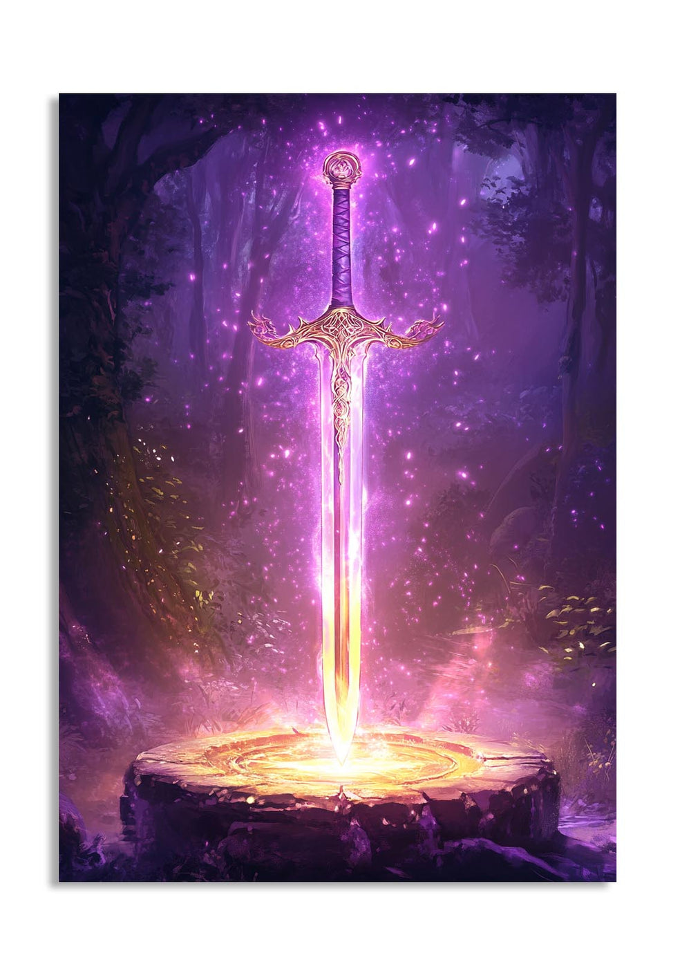 Ethereal sword with glowing purple energy in a mystical forest setting, as a premium aluminum metal print from GoMetalPrint.
