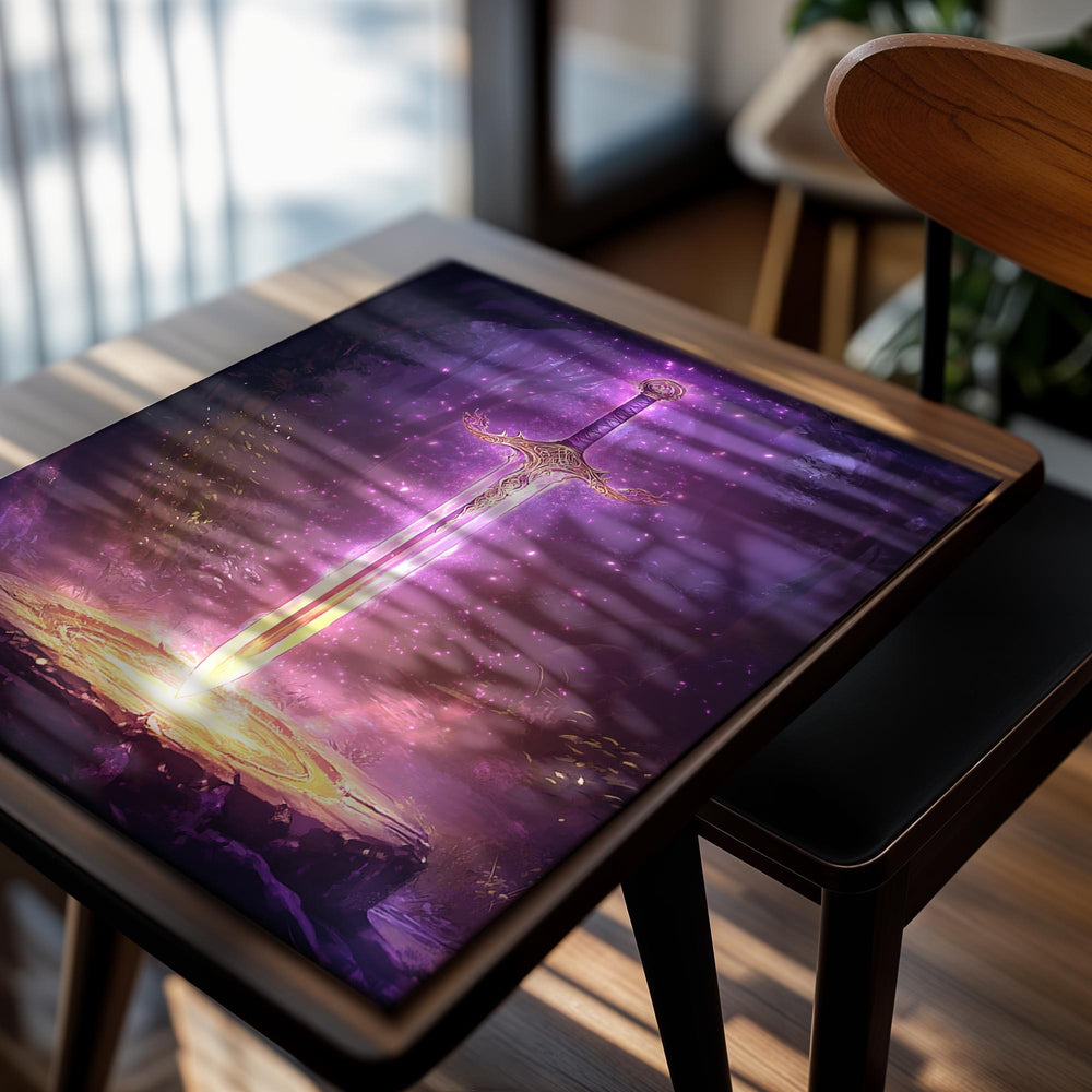 Ethereal sword with glowing purple energy in a mystical forest setting, as a premium aluminum metal print from GoMetalPrint.
