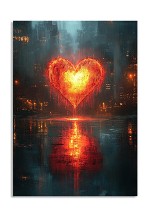 Heart-shaped light in a dark, urban setting with reflections on water, as a premium aluminum metal print from GoMetalPrint.
