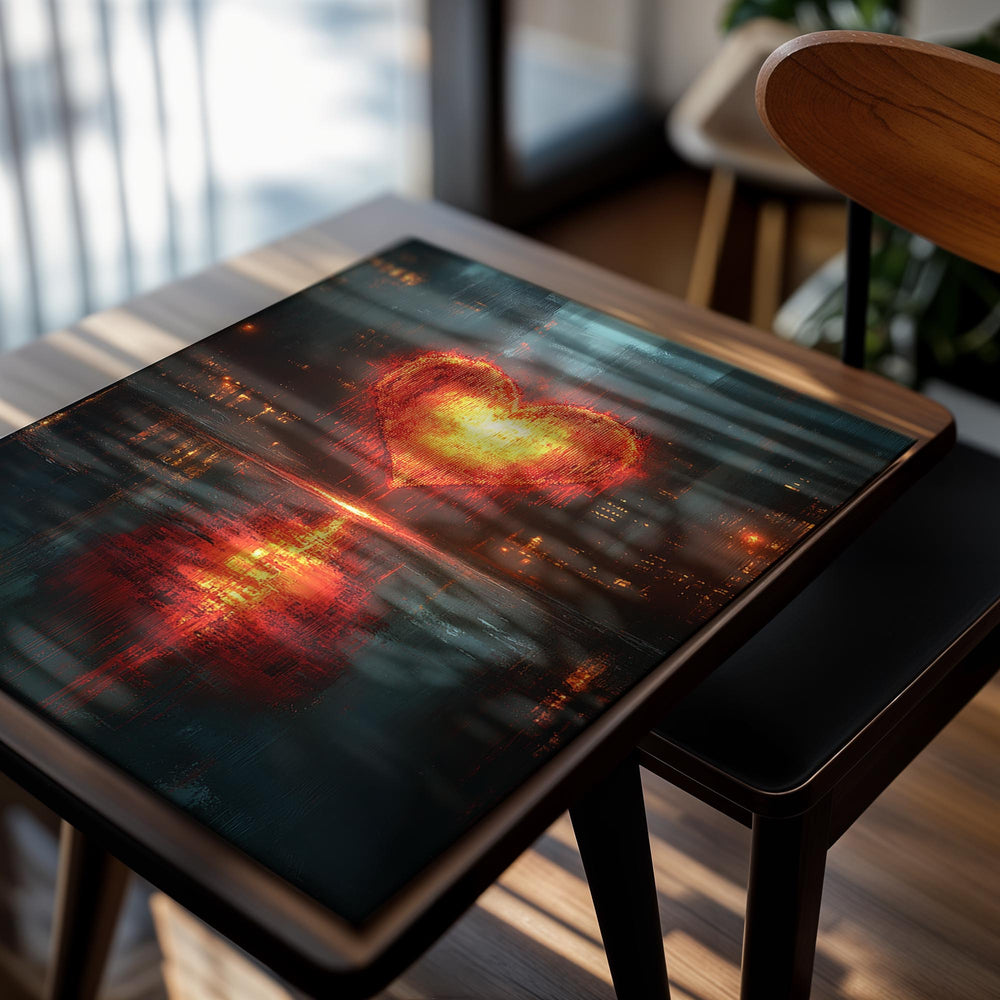 Heart-shaped light in a dark, urban setting with reflections on water, as a premium aluminum metal print from GoMetalPrint.
