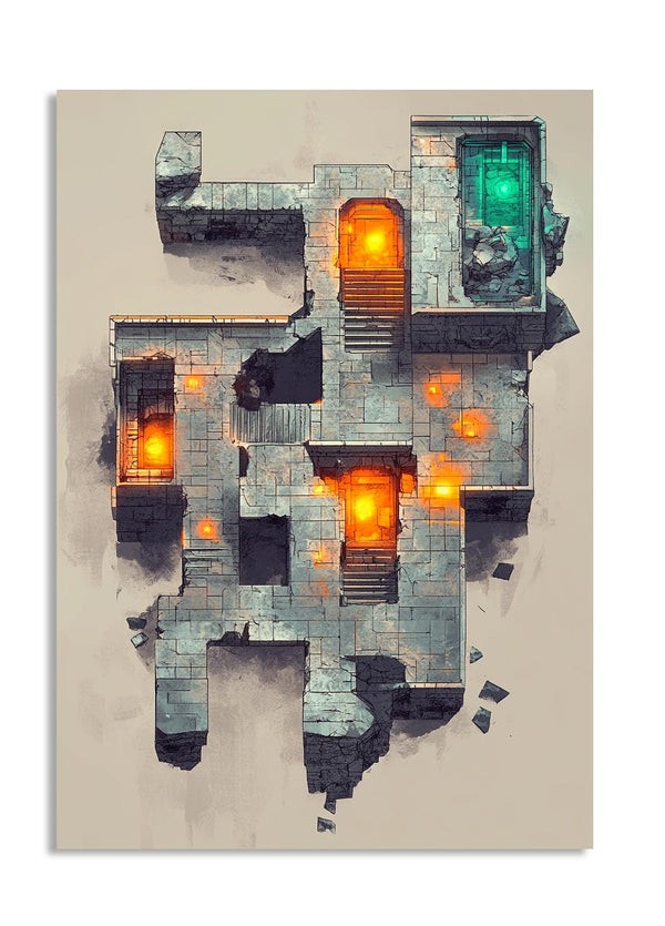 Abstract art piece with geometric shapes and glowing lights on a beige background , as a premium aluminum metal print from GoMetalPrint.
