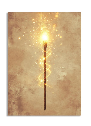 Magical staff with glowing light at the top on a textured beige background, as a premium aluminum metal print from GoMetalPrint.
