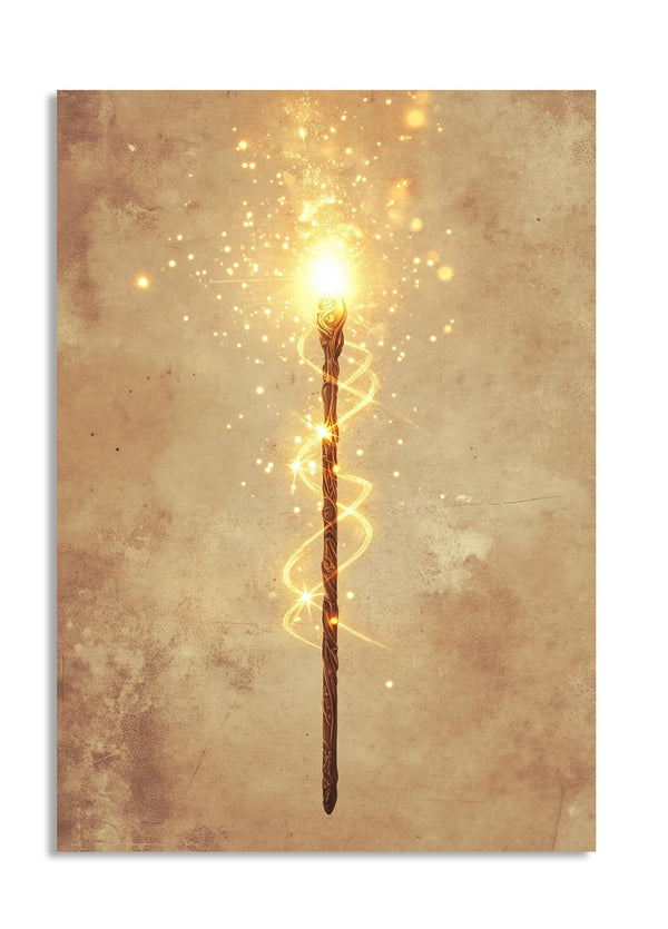 Magical staff with glowing light at the top on a textured beige background, as a premium aluminum metal print from GoMetalPrint.
