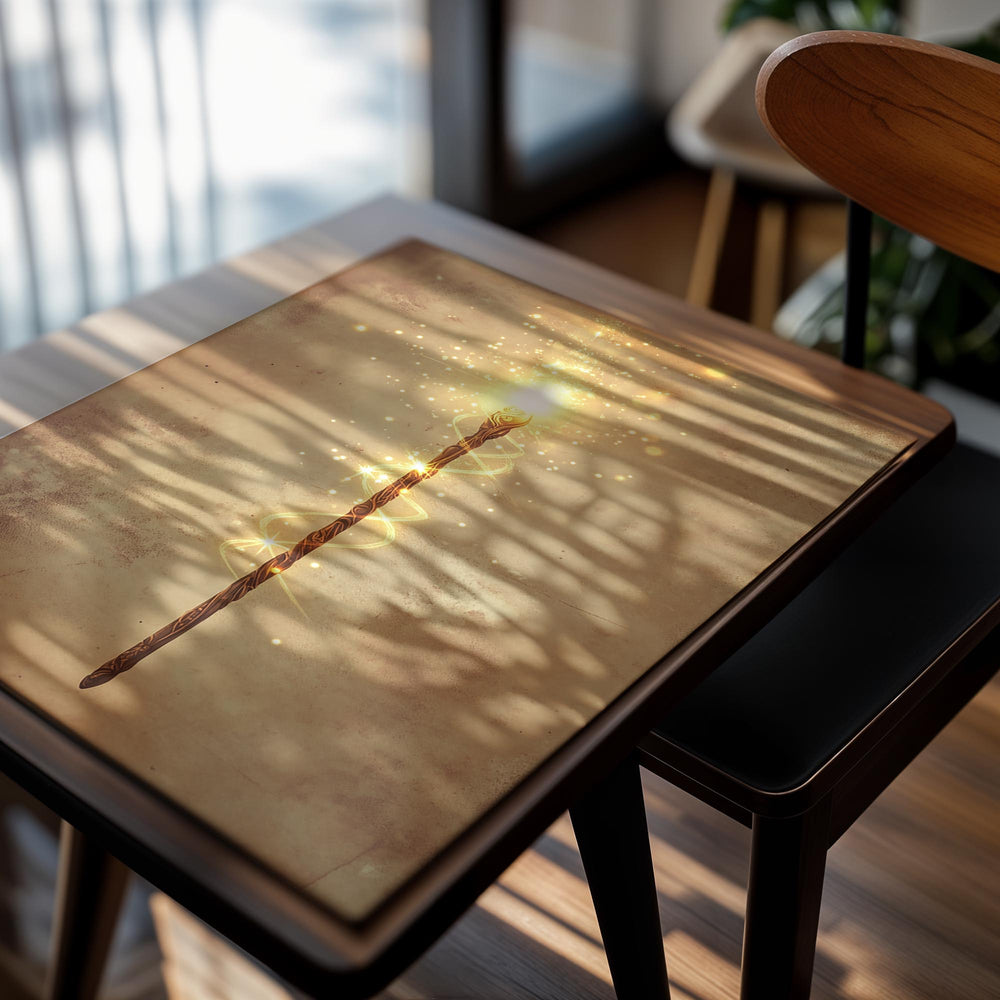 Magical staff with glowing light at the top on a textured beige background, as a premium aluminum metal print from GoMetalPrint.
