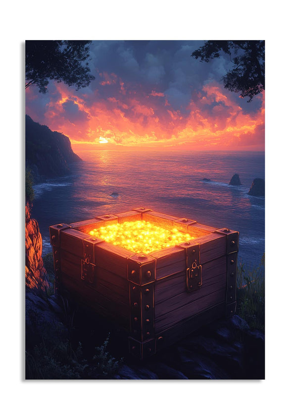 Wooden treasure chest with glowing contents on a rocky shore at sunset, as a premium aluminum metal print from GoMetalPrint.
