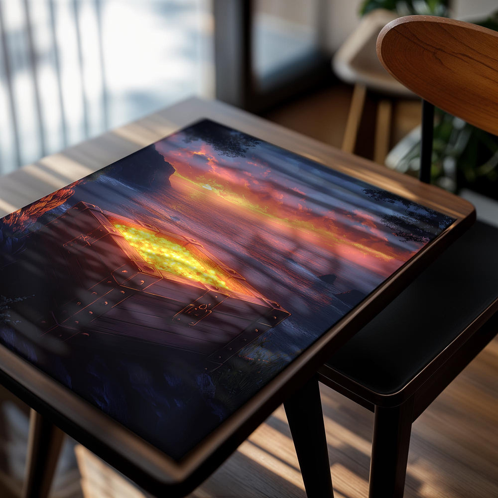 Wooden treasure chest with glowing contents on a rocky shore at sunset, as a premium aluminum metal print from GoMetalPrint.
