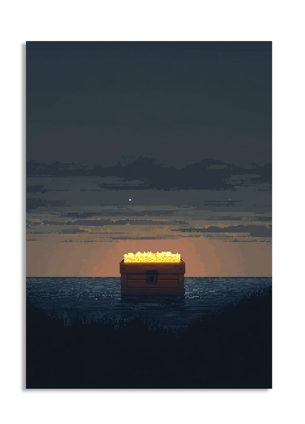 Trunk with glowing candles on water at night, as a premium aluminum metal print from GoMetalPrint.
