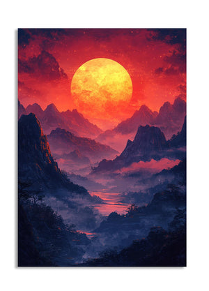 Vibrant landscape with a large orange sun setting over misty mountains, as a premium aluminum metal print from GoMetalPrint.
