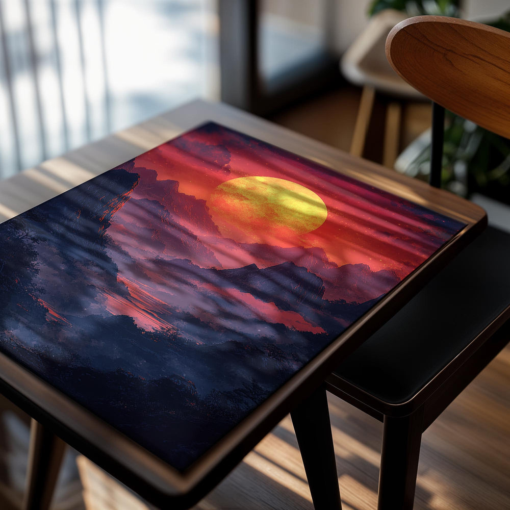 Vibrant landscape with a large orange sun setting over misty mountains, as a premium aluminum metal print from GoMetalPrint.
