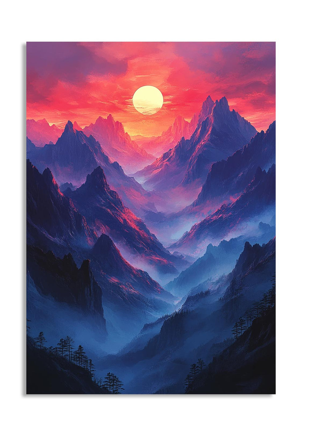 Mountain landscape with a vibrant sunset sky, as a premium aluminum metal print from GoMetalPrint.
