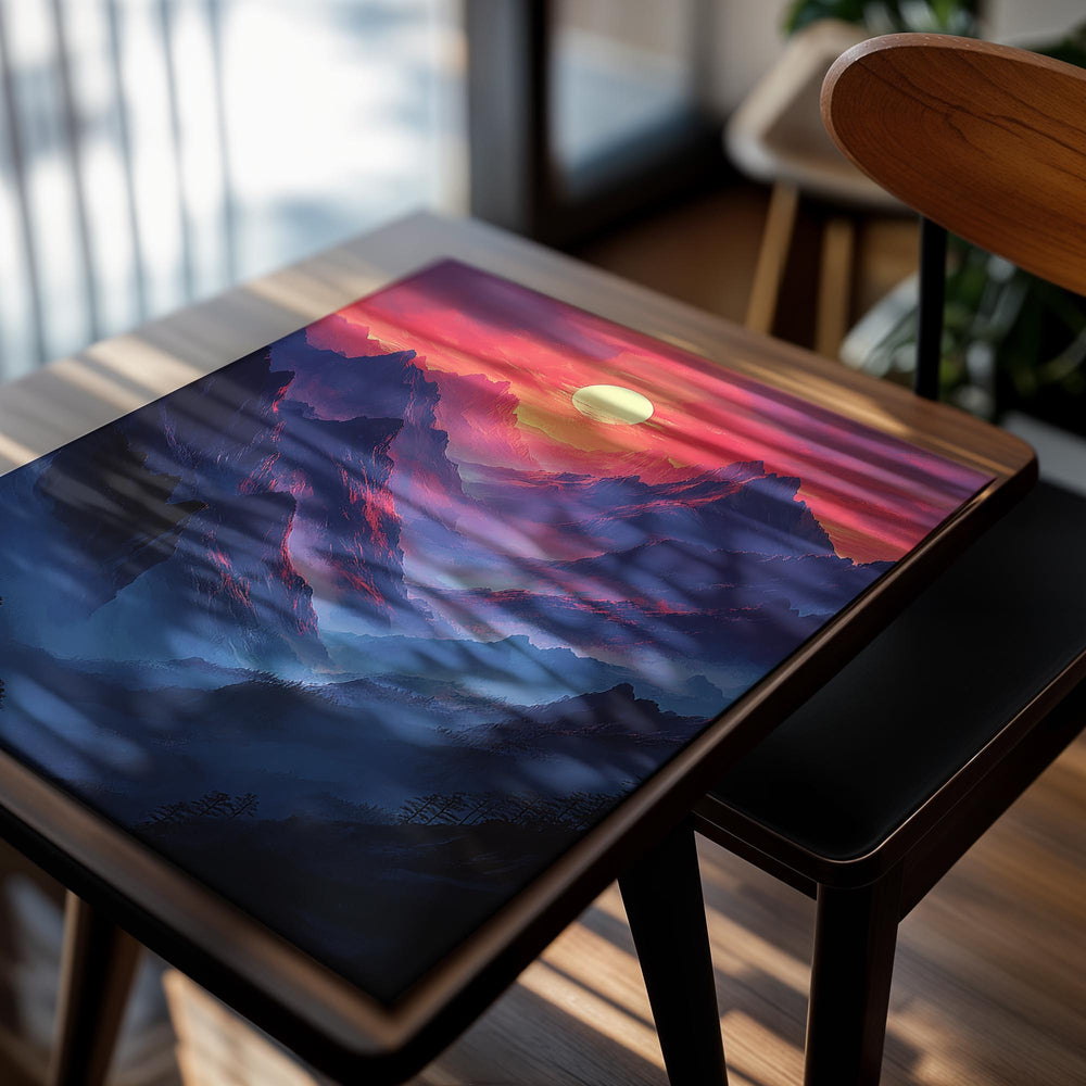 Mountain landscape with a vibrant sunset sky, as a premium aluminum metal print from GoMetalPrint.
