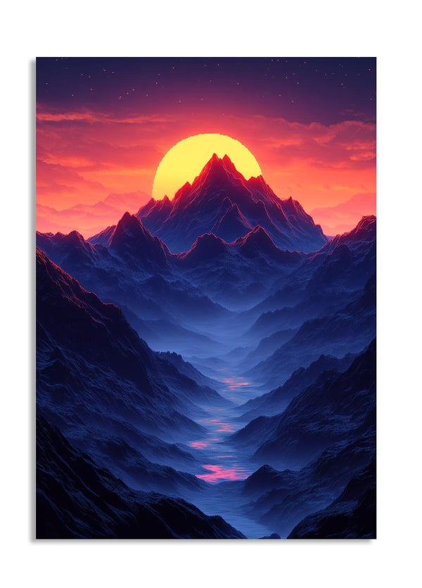 Mountain landscape with a large sun in a red sky, as a premium aluminum metal print from GoMetalPrint.
