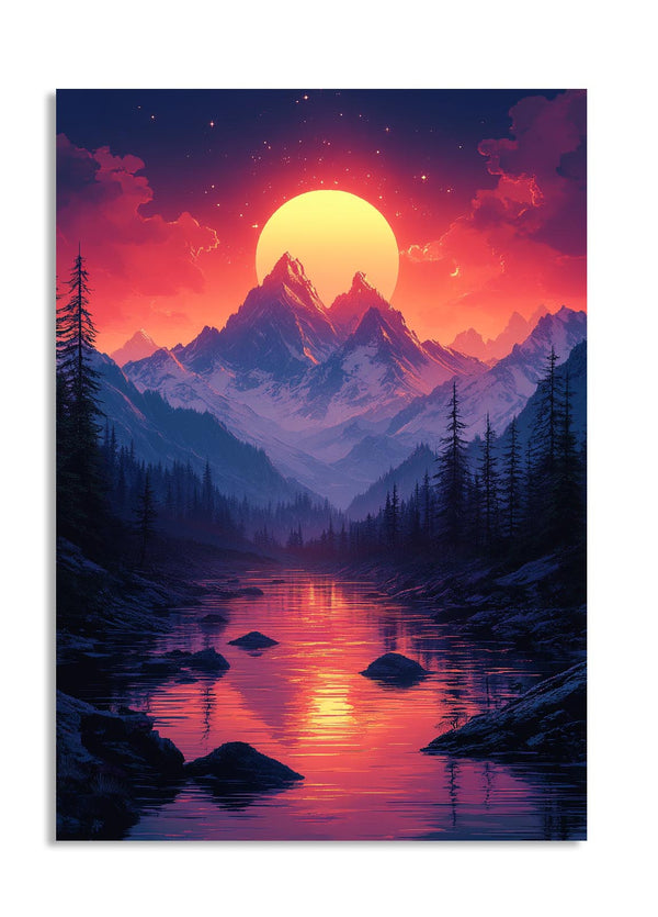 Mountain landscape with a large sun in a red sky over a lake, as a premium aluminum metal print from GoMetalPrint.
