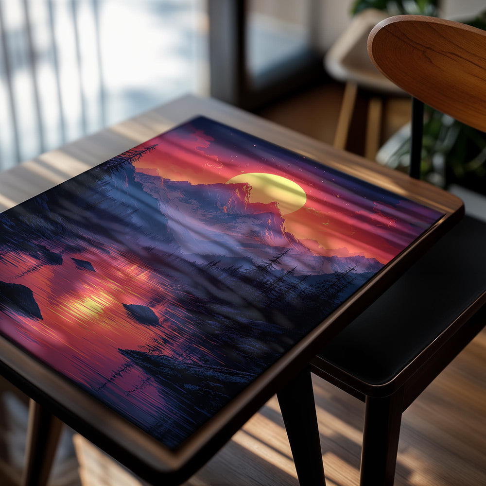 Mountain landscape with a large sun in a red sky over a lake, as a premium aluminum metal print from GoMetalPrint.
