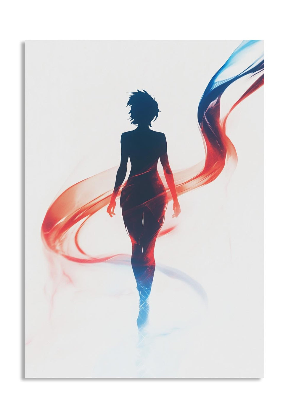 Silhouette of a person with colorful, wavy lines on a white background, as a premium aluminum metal print from GoMetalPrint.
