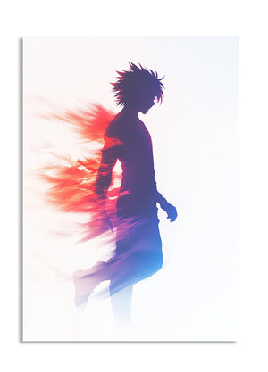 Silhouette of a character with colorful energy effects on a white background, as a premium aluminum metal print from GoMetalPrint.
