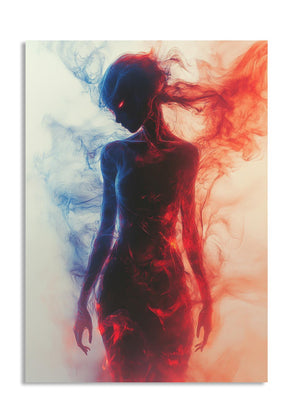 Artistic depiction of a figure with red and blue smoke effects on a white background , as a premium aluminum metal print from GoMetalPrint.

