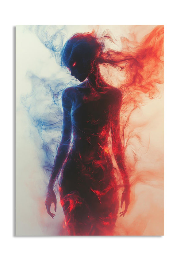Artistic depiction of a figure with red and blue smoke effects on a white background , as a premium aluminum metal print from GoMetalPrint.
