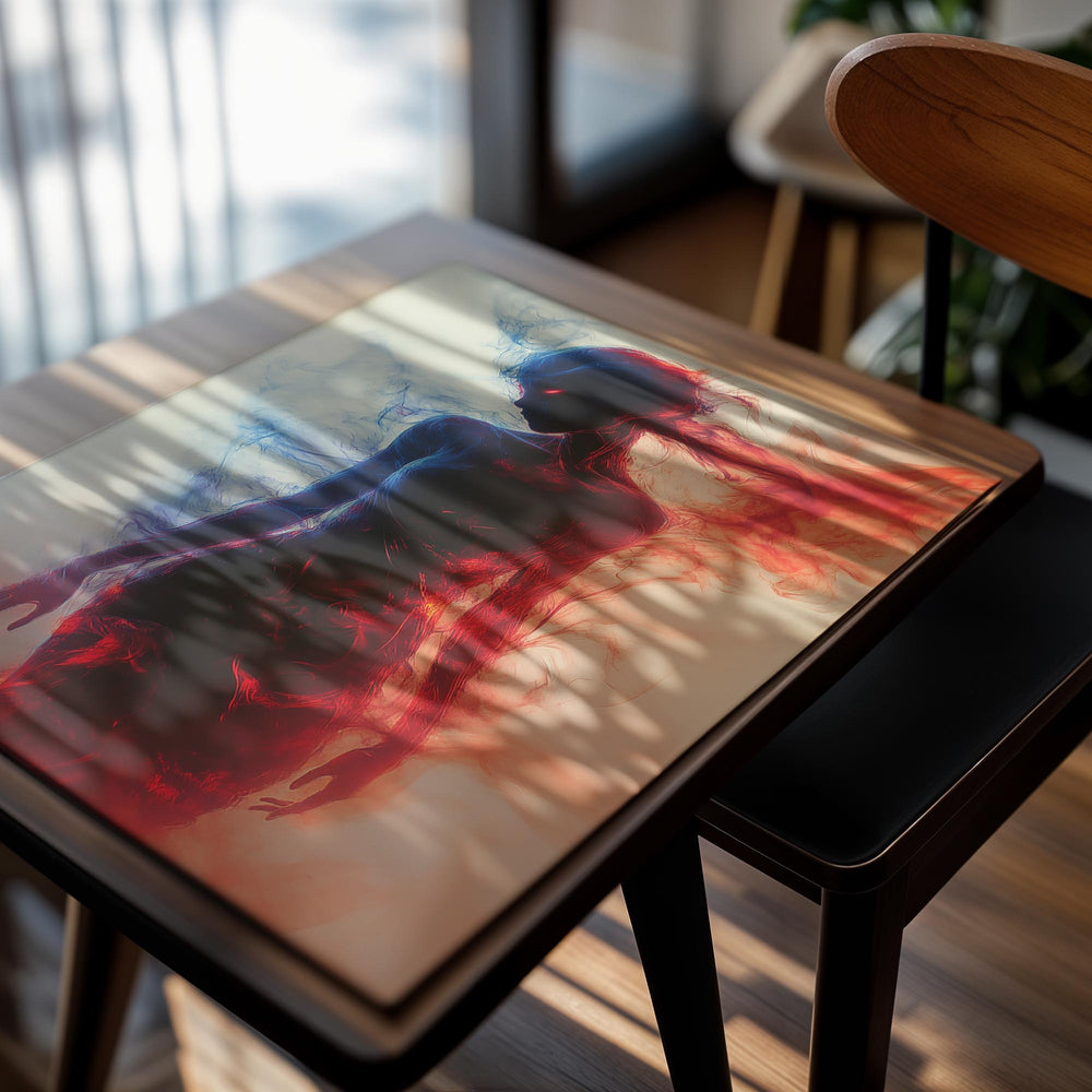 Artistic depiction of a figure with red and blue smoke effects on a white background , as a premium aluminum metal print from GoMetalPrint.
