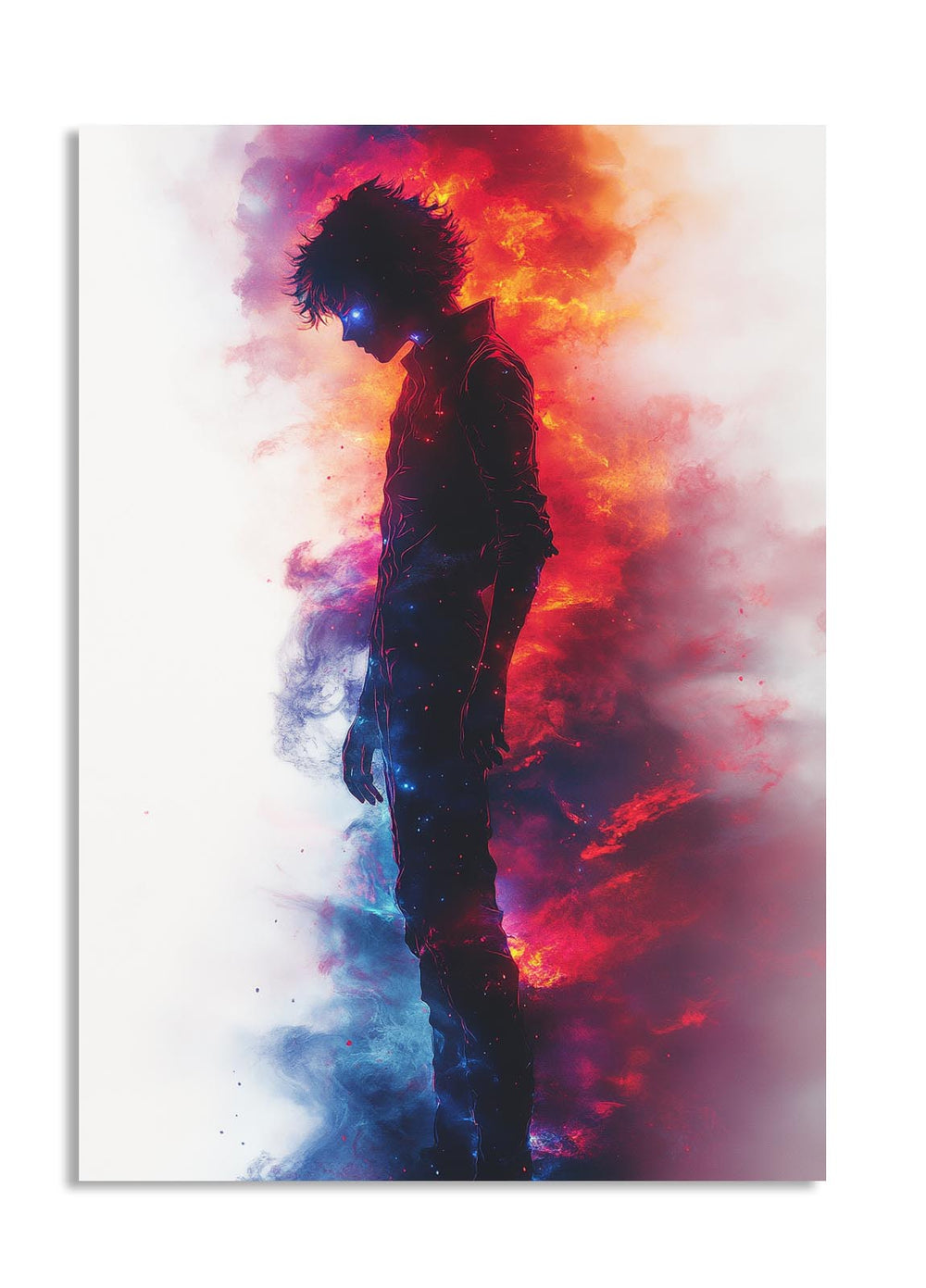 Silhouette of a person against a vibrant, multicolored background, as a premium aluminum metal print from GoMetalPrint.
