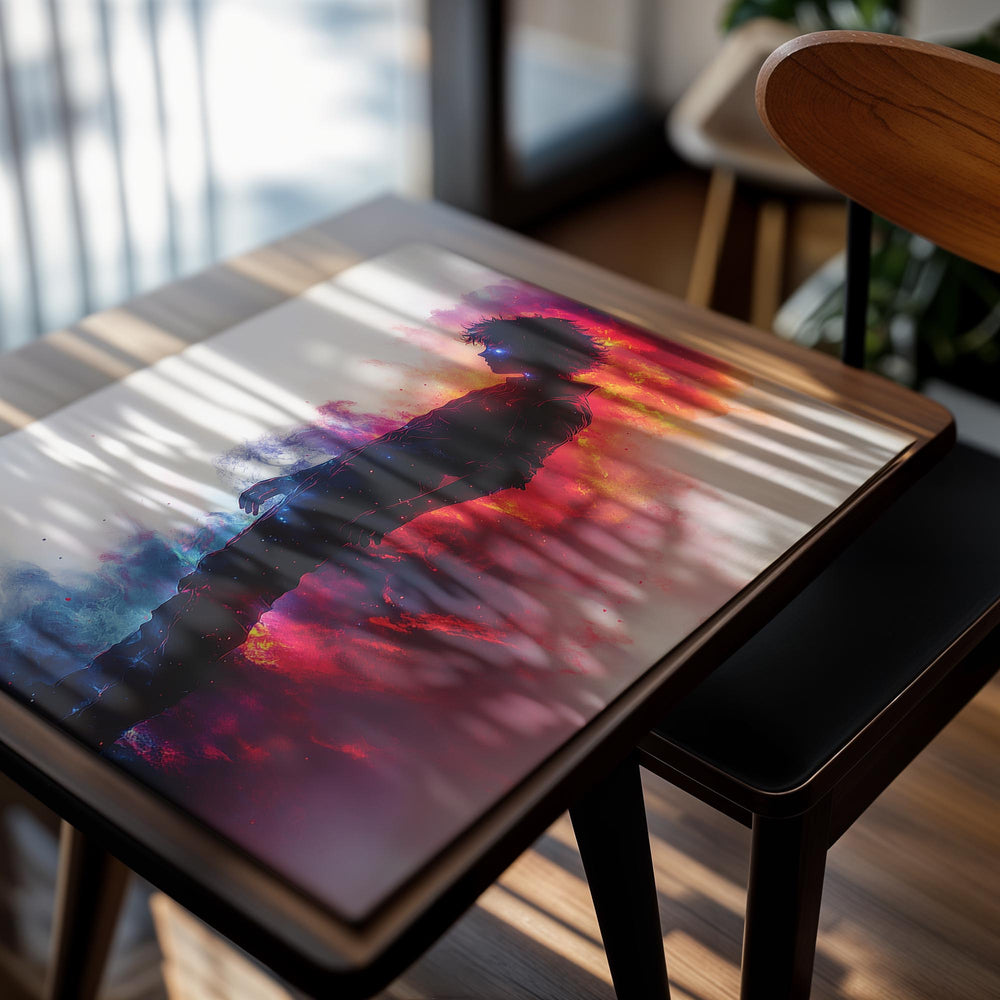 Silhouette of a person against a vibrant, multicolored background, as a premium aluminum metal print from GoMetalPrint.
