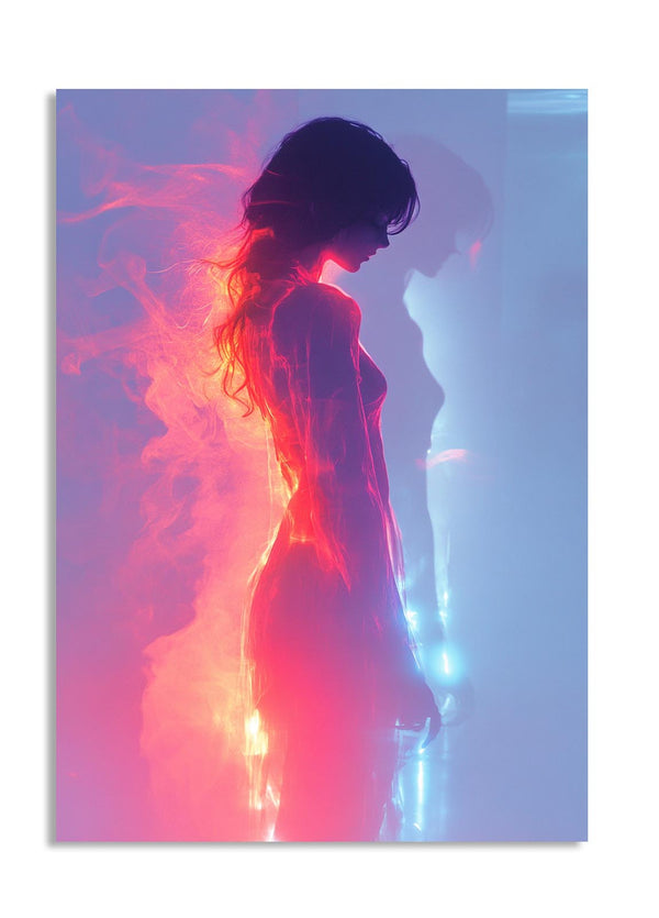 Silhouette of a person with colorful light effects on a gradient background, as a premium aluminum metal print from GoMetalPrint.

