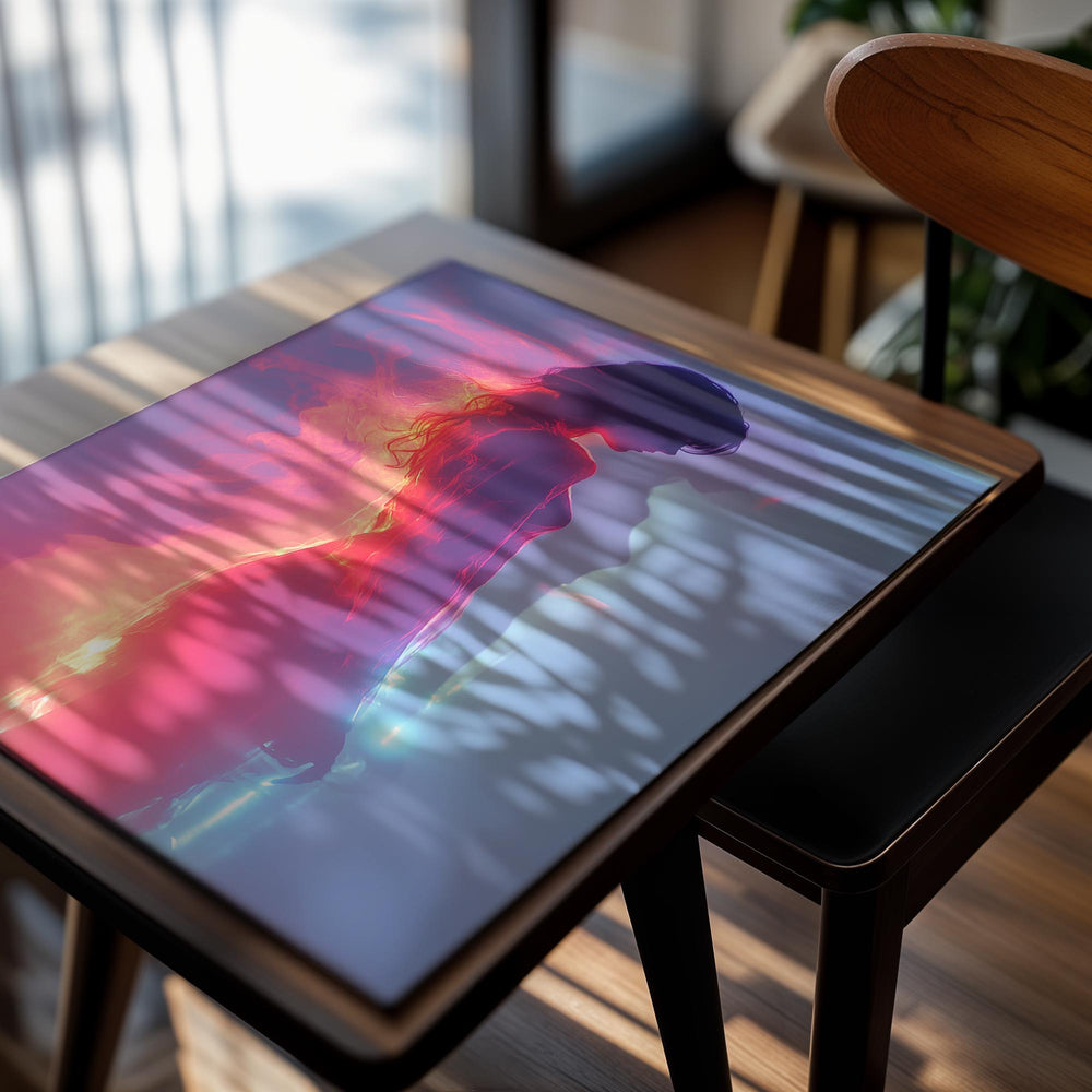 Silhouette of a person with colorful light effects on a gradient background, as a premium aluminum metal print from GoMetalPrint.
