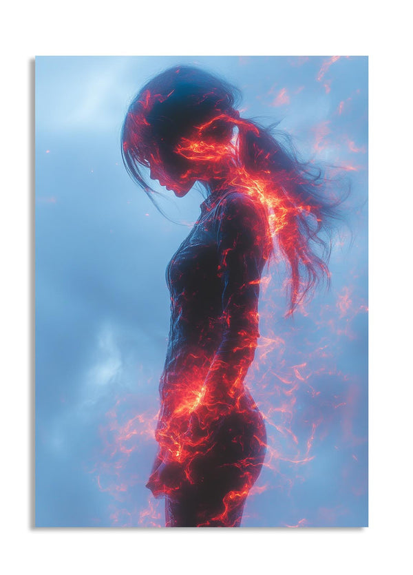 Person with glowing red energy effect against a blue background, as a premium aluminum metal print from GoMetalPrint.
