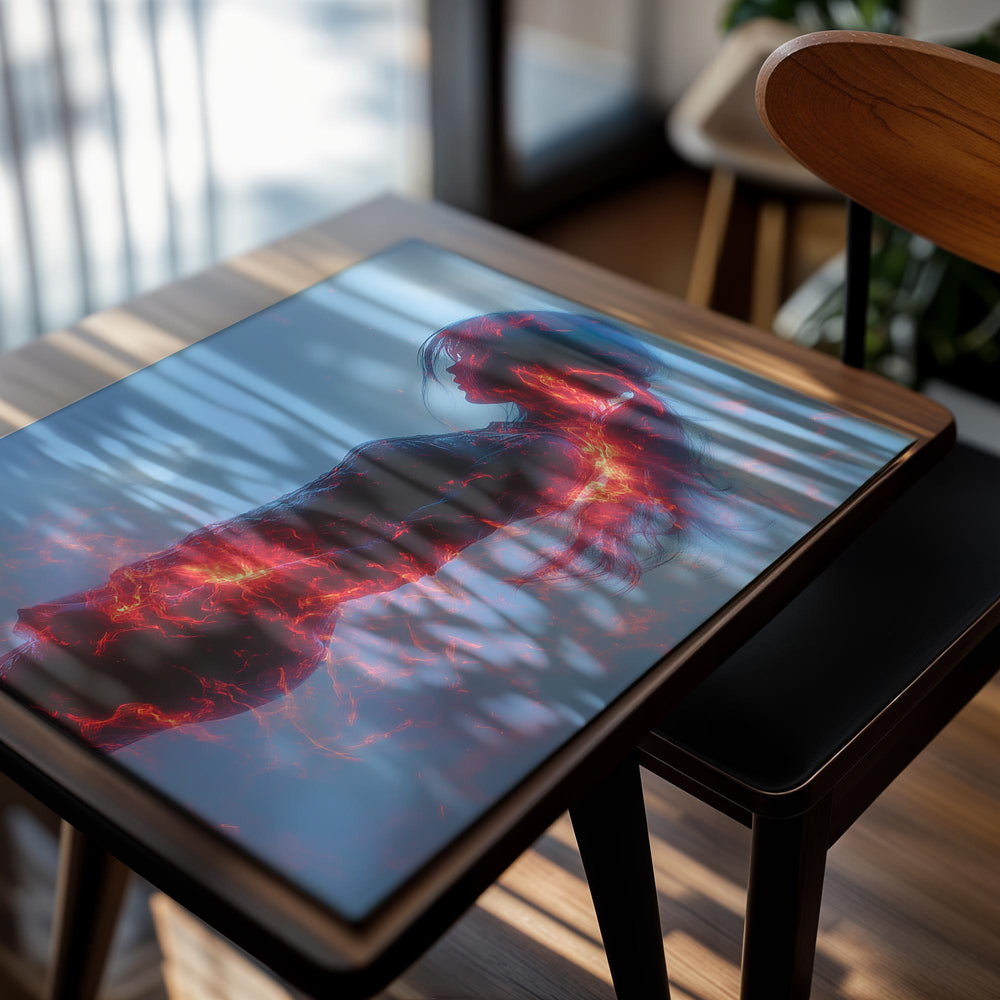 Person with glowing red energy effect against a blue background, as a premium aluminum metal print from GoMetalPrint.
