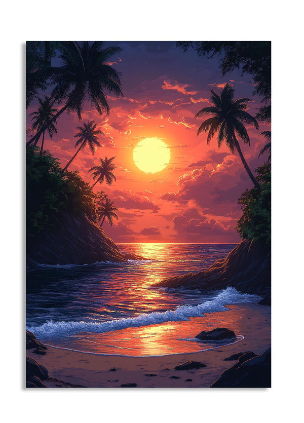 Surreal sunset over a tropical island with palm trees and reflective water, as a premium aluminum metal print from GoMetalPrint.
