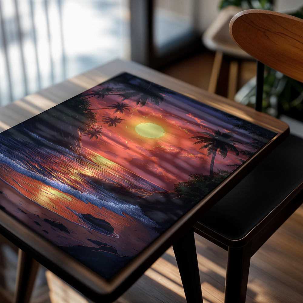 Surreal sunset over a tropical island with palm trees and reflective water, as a premium aluminum metal print from GoMetalPrint.
