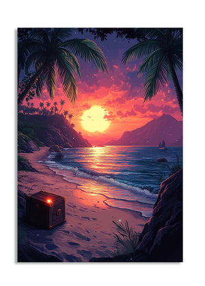 Beach scene with a sunset, palm trees, and a suitcase on the sand, as a premium aluminum metal print from GoMetalPrint.
